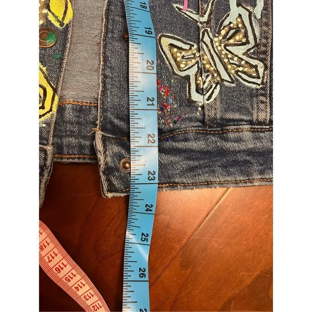 Denim Bershka medium hand painted women’s jacket NWT‎